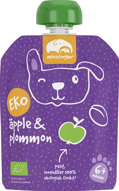 Ekologisk fruktpuré äpple plommon i klämpåse