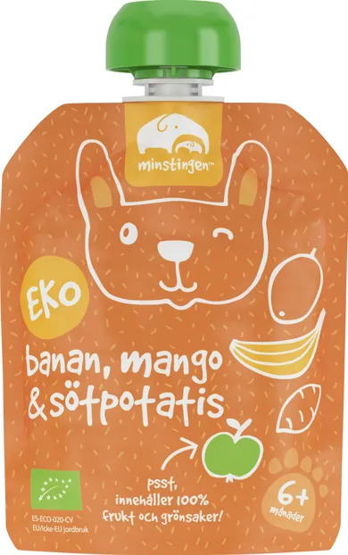 Ekologisk fruktpuré banan mango sötpotatis i klämpåse