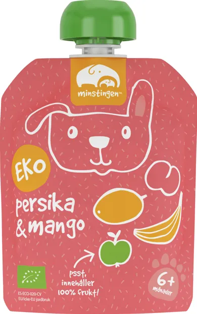 Ekologisk fruktpuré persika mango i klämpåse
