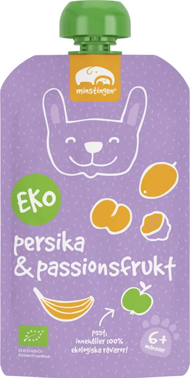 Ekologisk fruktpuré persika passionsfrukt i klämpåse