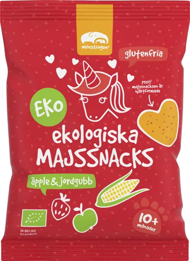 Ekologiska och glutenfria majssnacks äpple jordgubb